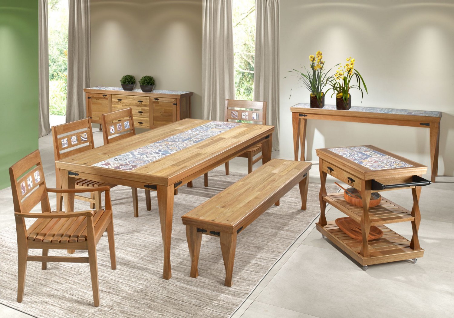 Mesa retangular, cadeiras com e sem braço, banco, aparador, balcão e Banco Baú Sala De Jantar ~ Mesa retangular, cadeiras com e sem braço, banco, aparador, balcão e